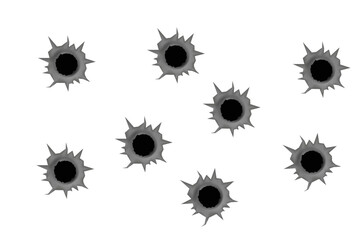 Realistic bullet holes from a firearm in a metal plate are isolated on transparent background. Torn hole in the metal plate from bullets. Vector illustration