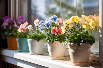 Fototapeta na wymiar Сute flowers in pots stand on the windowsill, bright sunny day, closeup view