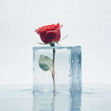 Vivid red rose perfectly preserved within a crystal ice block, adorned with water droplets against a blue background