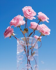 A vibrant arrangement of pink roses blooms within a see-through vase, set against a backdrop of blue sky