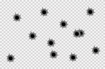 Realistic bullet holes from a firearm in a metal plate are isolated on transparent background. Torn hole in the metal plate from bullets. Vector illustration - obrazy, fototapety, plakaty