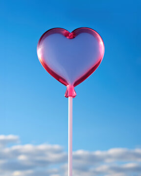 Crisp image of a purple-to-pink gradient heart balloon set against the serene blue sky