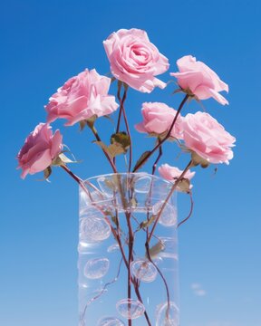 A vibrant arrangement of pink roses blooms within a see-through vase, set against a backdrop of blue sky