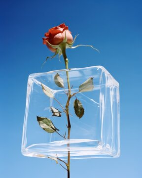 A unique red rose is encased inside a see-through cube with a blue sky backdrop, playing with perspective