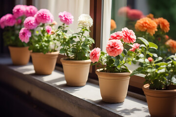 Fototapeta na wymiar Сute flowers in pots stand on the windowsill, bright sunny day, closeup view