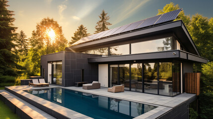 Luxury house covered with solar panels - obrazy, fototapety, plakaty
