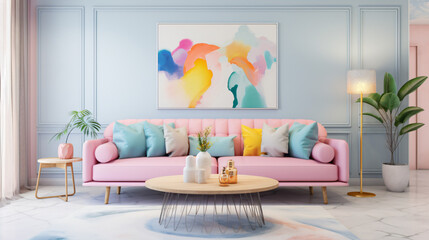 Modern interior. Vibrant pastel girly living room