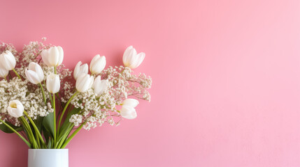 Spring Flower Arrangement. Copy space on Pink Wall