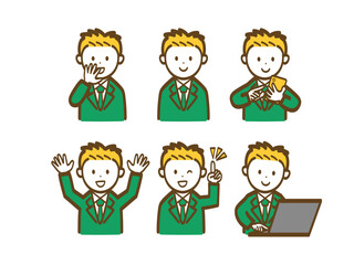 シンプルな男性会社員のポーズ別イラストセット_グリーンスーツ3