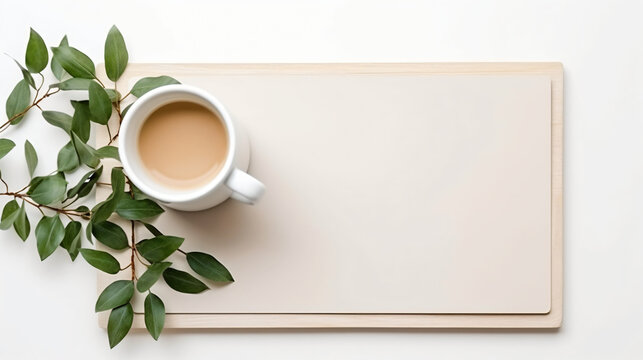 Cup of coffee on white wooden serving tray and ducal