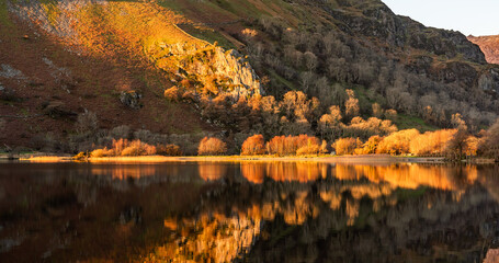 Reflection views around Snowdonia lakes in winter