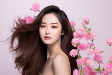 Obraz na płótnie Canvas Korean Beauty Model with Flawless Skin and Spring Blossoms.