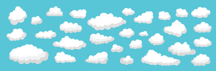 Set of vector white clouds of various shapes and transparency in the blue sky. Collection of blue clouds and beautiful shadow. Simple cute cartoon design. Flat vector illustration