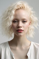 A close-up portrait of a beautiful blonde albino woman with makeup, red lips on a white background. Cosmetics, beauty, fashion, style concepts.