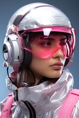 adult young female woman cyberpunk realism,close-up shots cute and dreamy porcelaincandid portraiture mechanizedforms goggles woman wearing stylish glasses helmet futuristic uniform technology suit