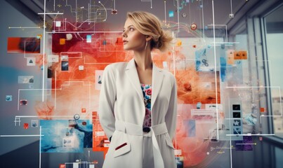 female of Advertising Agencies Show light contrast color background in abstract geometric elements with a matrix style Pivoting to Internet Marketing.