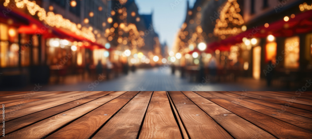 Poster Empty table top with blurred bokeh light background, Christmas holiday background for product display.