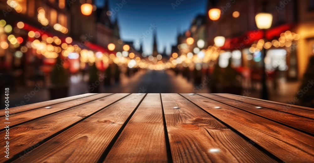 Poster Empty table top with blurred bokeh light background, Christmas holiday background for product display.