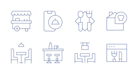Restaurant icons. Editable stroke. Containing cutlery, bar, restaurant, street food, food delivery, pub, bar counter.