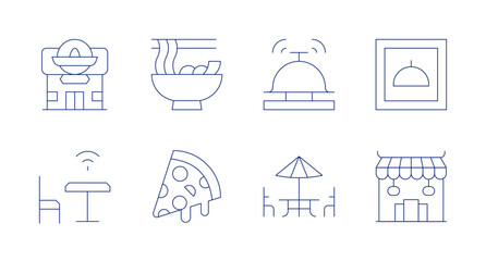 Restaurant icons. Editable stroke. Containing bell, terrace, restaurant, asian restaurant, wifi, noodle, pizza slice.