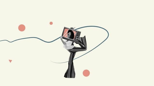 Stop motion. Animation. Young stylish woman in retro costume dancing with vintage TV head isolated over white background