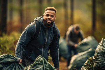 Fototapeta premium Group of volunteers cleaning garbage in nature