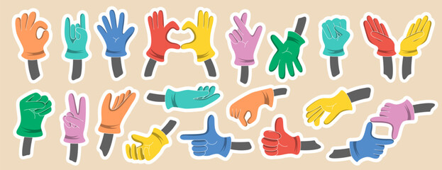 Set of hands drawn in cartoon style. Vector images of hands in different poses. Non-verbal or manual communication, hand language, hand gestures.