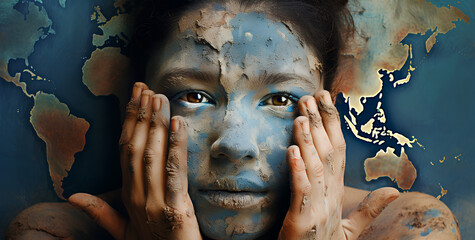 A person protesting against climate change, colors of the earth on the face and hands signifying desertification