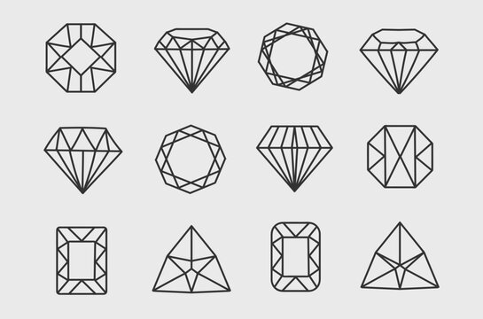 Set of diamonds in flat style. Linear outline sign. Vector icon logo design diamonds. Jewel and gem icons and symbols. Effect background Diamond Shapes gemstone. Star sparkling stars glittery