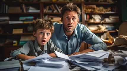 Father is help son with school homework, Stress, Anxiety and despair moment.