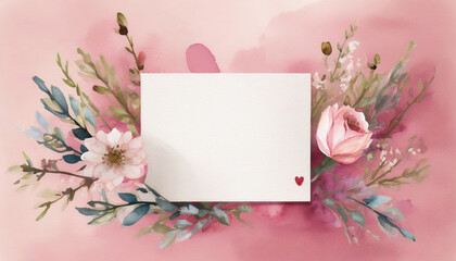 White blank greeting card on the pink background with flowers, love letter, watercolor style