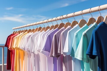 Clothes hanging in row on a line to dry in the wind.