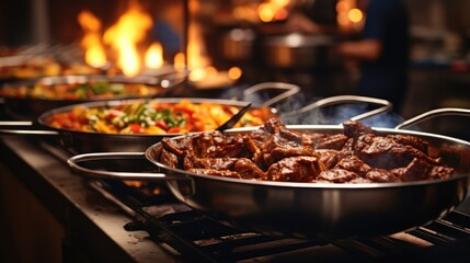 Buffet Food with Meat on a Table at restaurant, Catering food party.