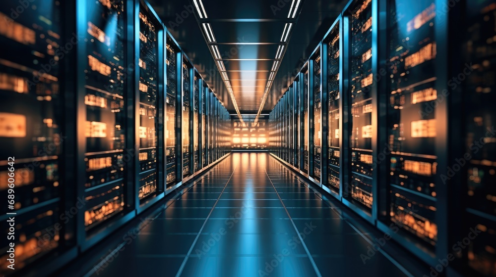Poster data center with multiple rows fully operational server racks in modern telecommunications, cloud co