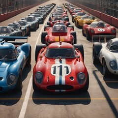Vintage race cars lined up on a grid, ready to start a classic car race