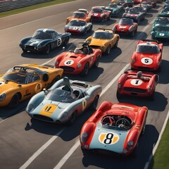 Vintage race cars lined up on a grid, ready to start a classic car race