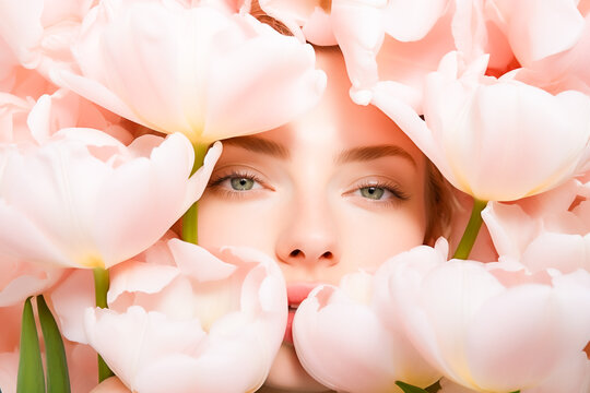 Woman Surrounded by Pale Pink Tulips in Close-Up View