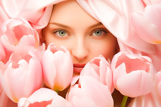 Mysterious Young Woman Peering Through Pale Pink Tulips