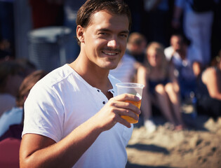 Portrait of man at music festival with smile, beer and relax in nature for fun concert event....