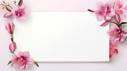Frame of pink flowers. Spring blooming with copy space in the center. Top view. Copy space. Mockup.