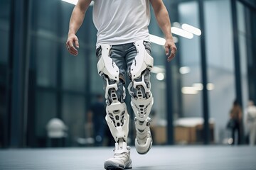 Man walking with Futuristic Cyber Prosthetic Leg, Modern technology in prosthetic leg for disability people. - obrazy, fototapety, plakaty