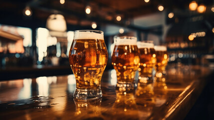 Glasses of beer on a wooden table at a pub - obrazy, fototapety, plakaty