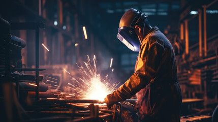 Portrait of Male Worker Welding Metal Bars in Safety Outfit and Helmet at Factory