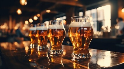 Glasses of beer on a wooden table at a pub - obrazy, fototapety, plakaty