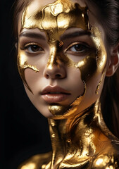 Golden paint smudges drips from the face lips and hand, golden liquid drops on beautiful model girl's mouth, creative abstract makeup. Beauty woman face