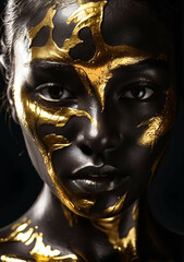 Golden paint smudges drips from the face lips and hand, golden liquid drops on beautiful model girl's mouth, creative abstract makeup. Beauty woman face
