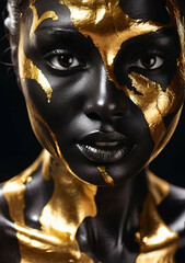 Golden paint smudges drips from the face lips and hand, golden liquid drops on beautiful model girl's mouth, creative abstract makeup. Beauty woman face