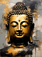Generative AI illustration of ancient stone sculpture of Buddha religion - obrazy, fototapety, plakaty
