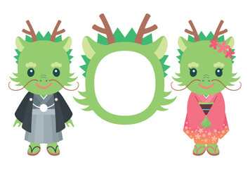 笑う和服姿の龍と龍の顔のフォトフレームイラスト（文字なし）【年賀状テンプレート（辰年）】