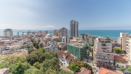 Fototapeta na wymiar Panorama showing aerial view of city centre and the harbour of Durres timelapse from viewpoint, Albania.